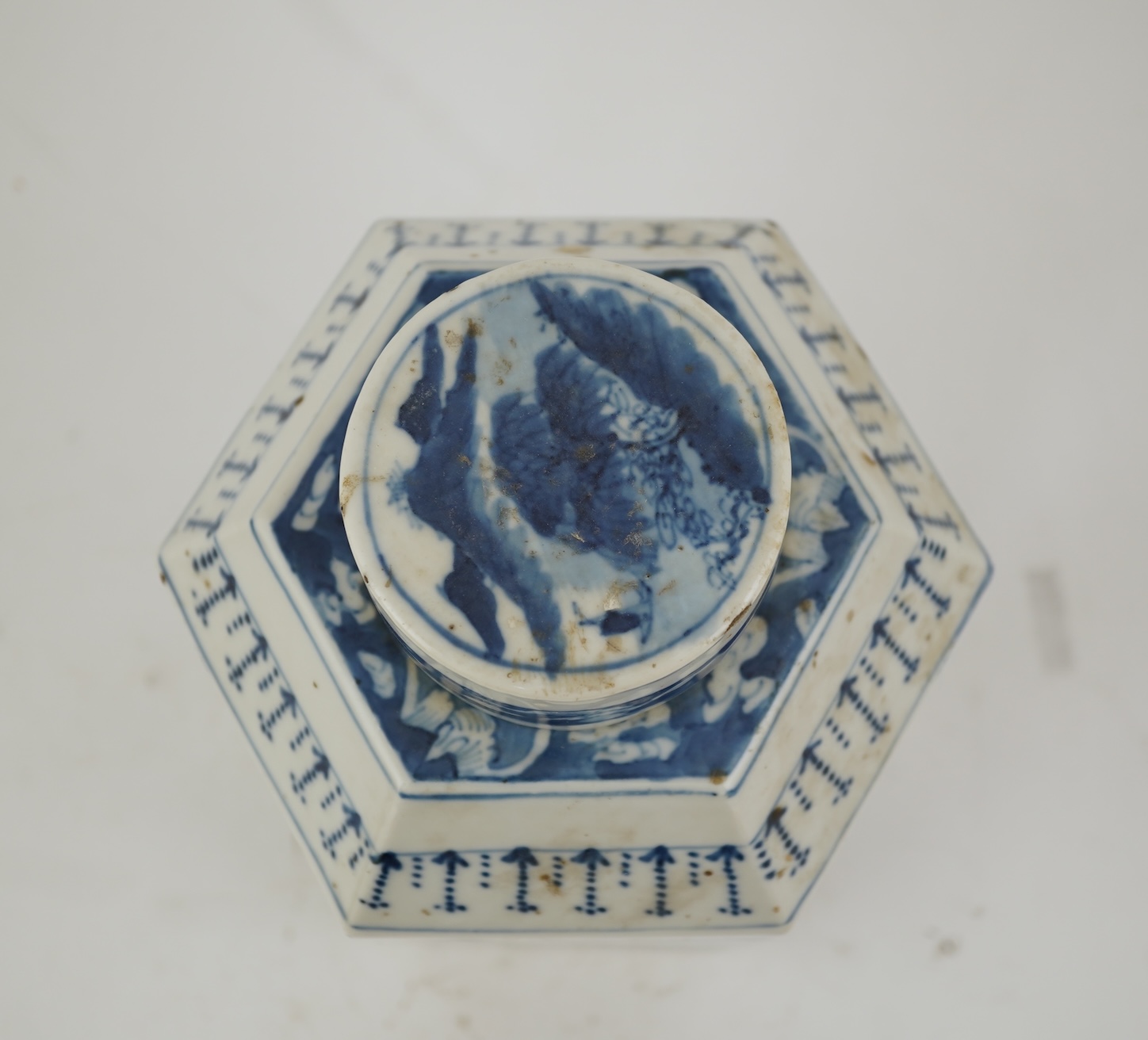 A Chinese blue and white ‘landscape’ hexagonal jar and cover, late 19th century